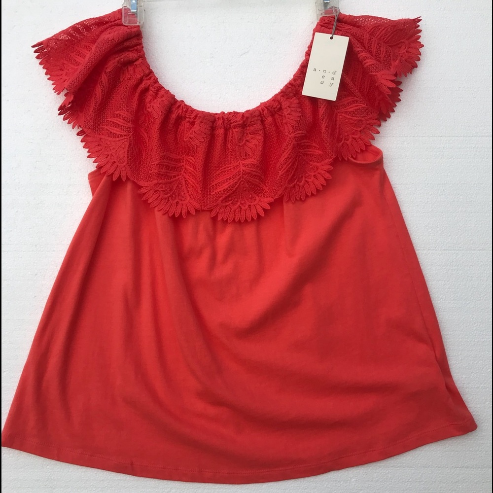 A New Day  L sleeveless coral lace ruffle top NWT